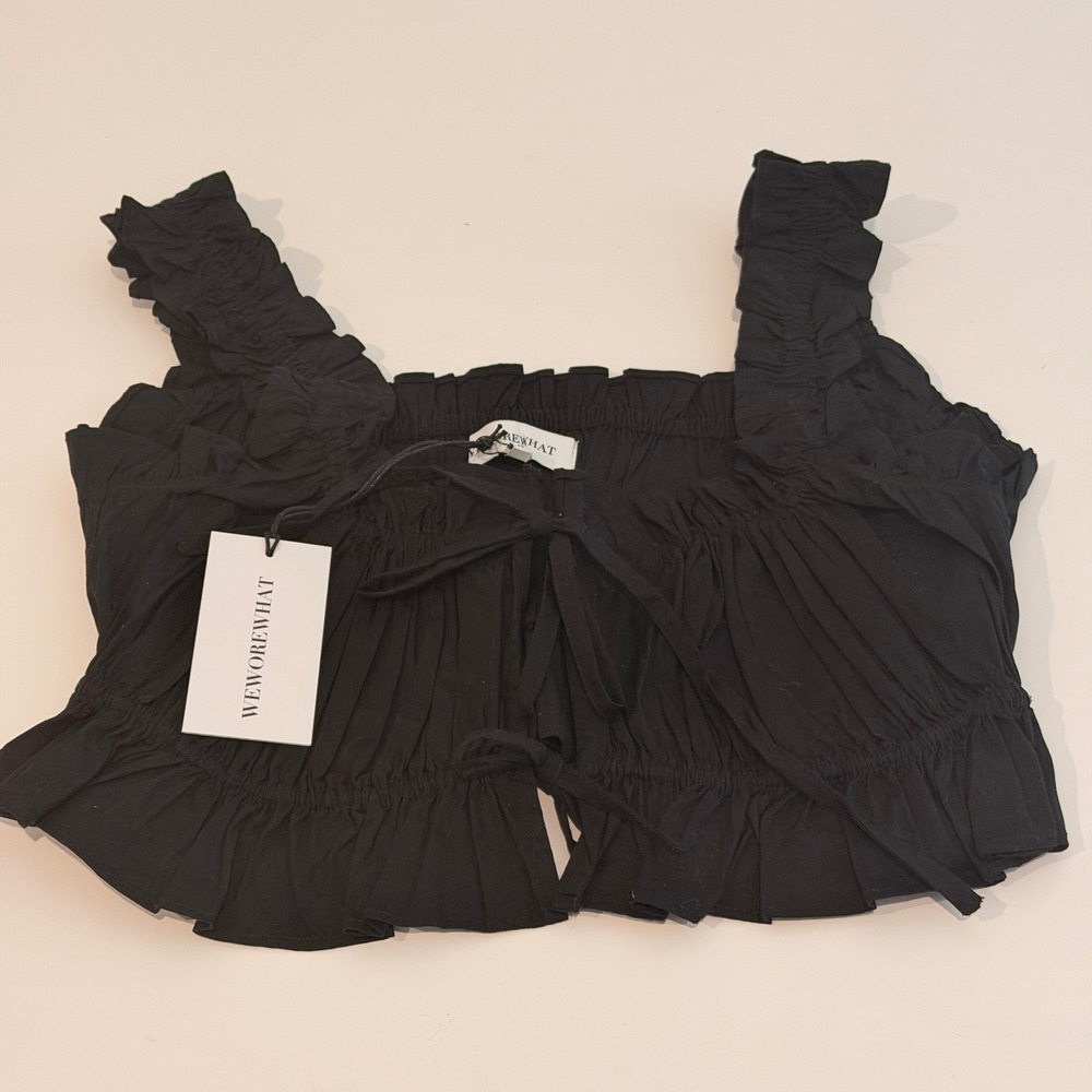 WeWoreWhat Double Tie Top Black Cotton Poplin Ruffle Crop WWT138-02 Womens XS